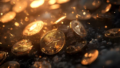Glowing Ethereum Coins in Dramatic Light, Digital Art Style.