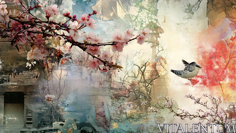 Blossoming branches and bird float through dreamy urban spring.