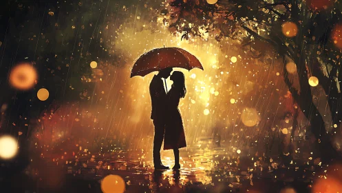Silhouetted Figure with Umbrella in Rain and Ambient Light.