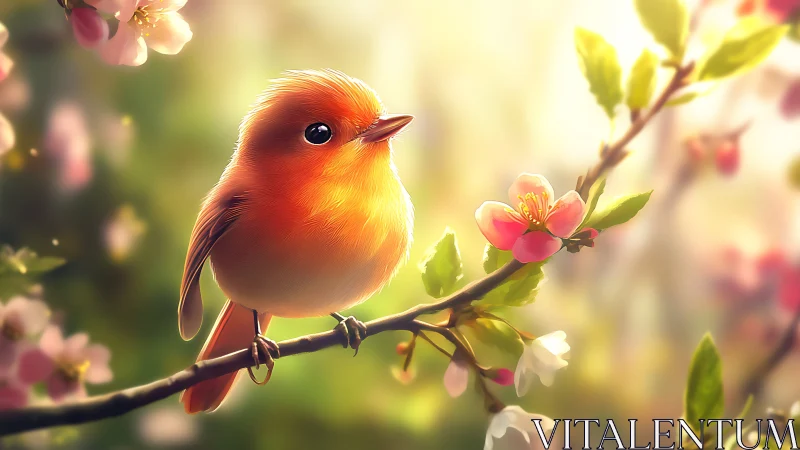 Cute Orange Bird on Cherry Blossom Branch in Soft Digital Art.