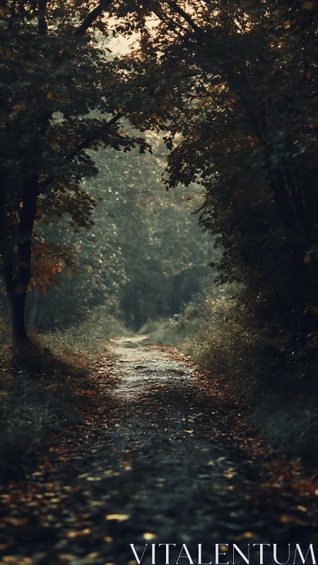 Forest Path Through Dense Deciduous Trees With Golden Sunlight Filtering