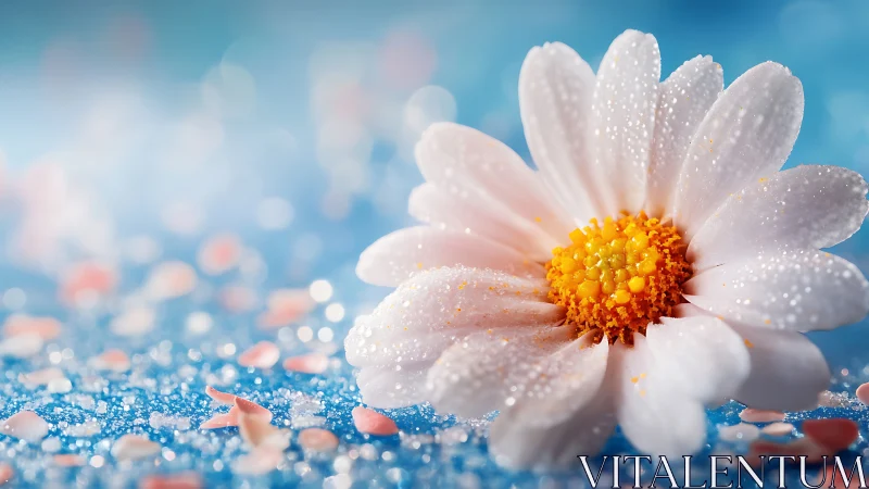 Macro photograph of white daisy with moisture droplets on blue gradient surface