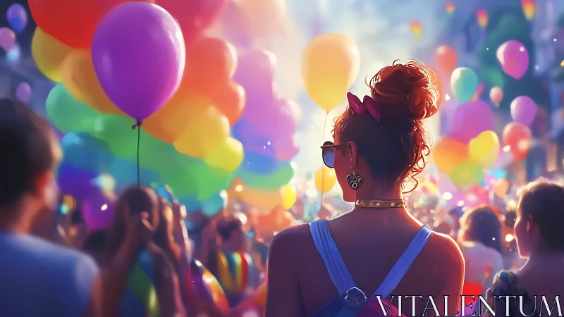 Backlit woman in summer crowd with multicolored balloons at festival