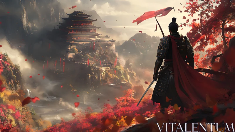 Armored warrior overlooking autumnal mountain fortress valley