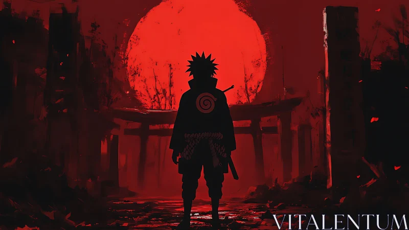 Silhouetted ninja before crimson sun and ruined torii gate