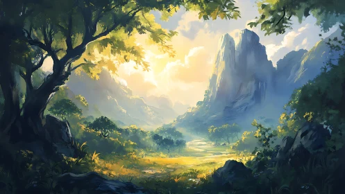 Luminous Valley Canyon with Towering Spires and Ancient Trees.