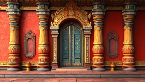 Ornate red temple entrance with carved columns and door.
