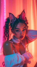 Neon cat‑eared beauty glowing in soft pink and amber light.