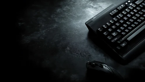 Dark workstation surface with backlit keyboard and mouse.