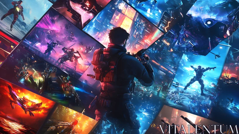 Cyber soldier surveys neon battle screens in futuristic command