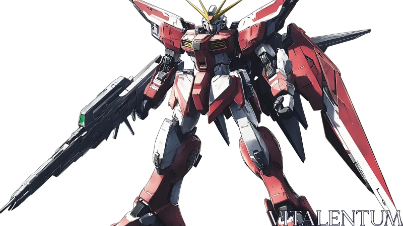 Red combat mecha stands ready with rifle and winged armor.