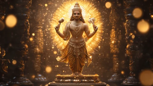 Golden luminous deity statue in ornate temple interior glow