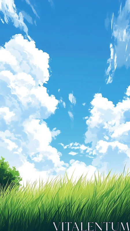 Bright summer sky over sunlit grass and drifting clouds.