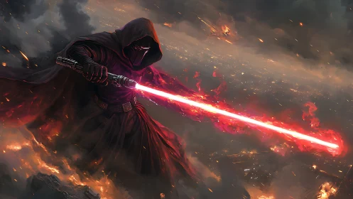 Hooded warrior wields glowing red energy blade in battle