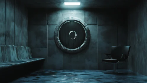 Futuristic concrete chamber with circular metal hatch door.