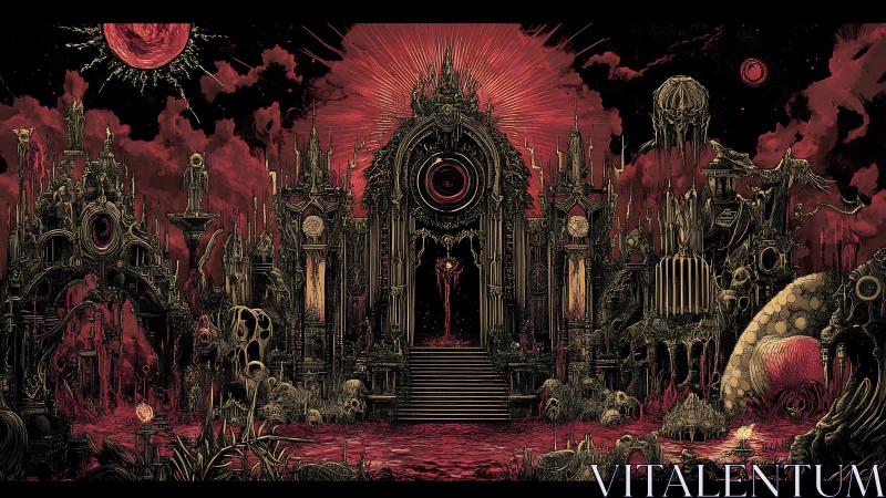 Crimson hellscape cathedral crowned by a blood-soaked eclipse.