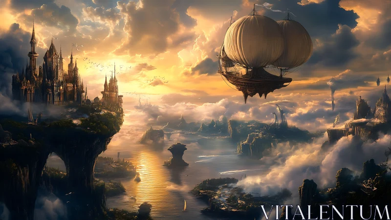Floating castle cliffs and airship over clouded seascape.