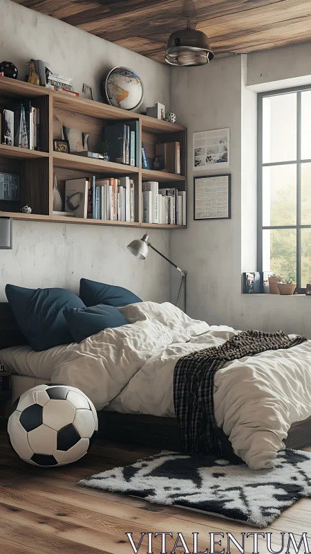 Morning light drifts across a scholar’s cozy soccer den