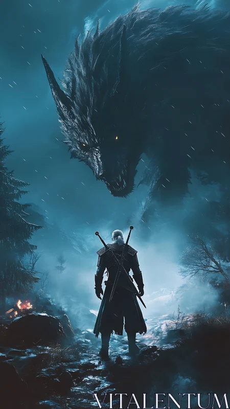 Cinematic fantasy confrontation with colossal wolf in misty ravine.