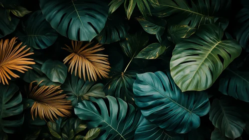 Lush jungle leaves unfold in rich teal and warm golden tones