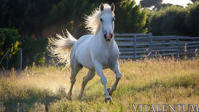 Sunlit white stallion charging through a golden pasture.