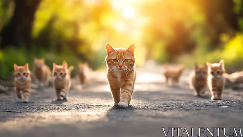 Ginger Cat Leading Feline Colony Through Golden Sunlit Path