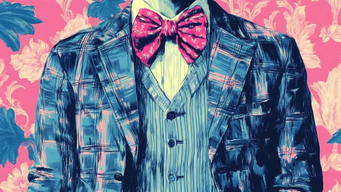 Bold plaid suit and bow tie contrast against floral backdrop.
