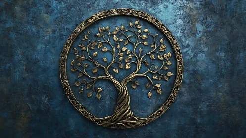 Bronze tree of life emblem mounted on textured blue wall
