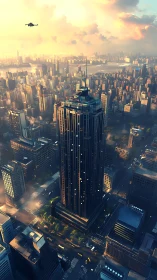 Central tower in dense cityscape at low sun angle period.