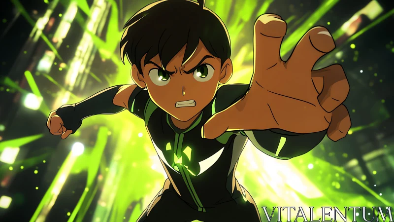 Determined young hero lunges forward in neon green light.