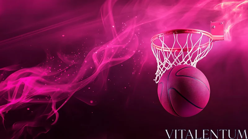 Magenta basketball suspended in neon vapor around hoop