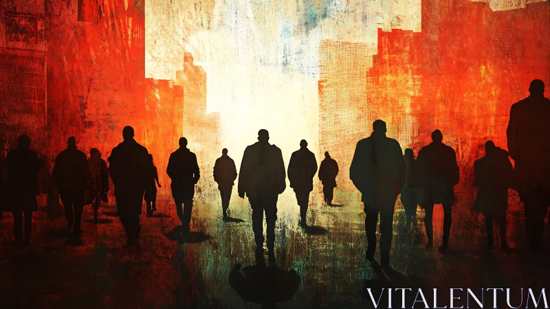 Silhouetted crowd walking through abstract urban light.