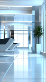 Modern corridor with lounge chairs and potted plants.