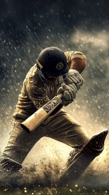 Cricket batsman executes dynamic front-foot shot under heavy rain