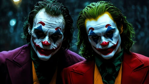 Dual sinister clowns in vivid suits under moody lighting.
