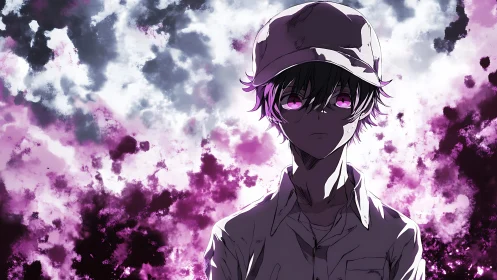 Quiet boy with glowing violet eyes in a storm of light.