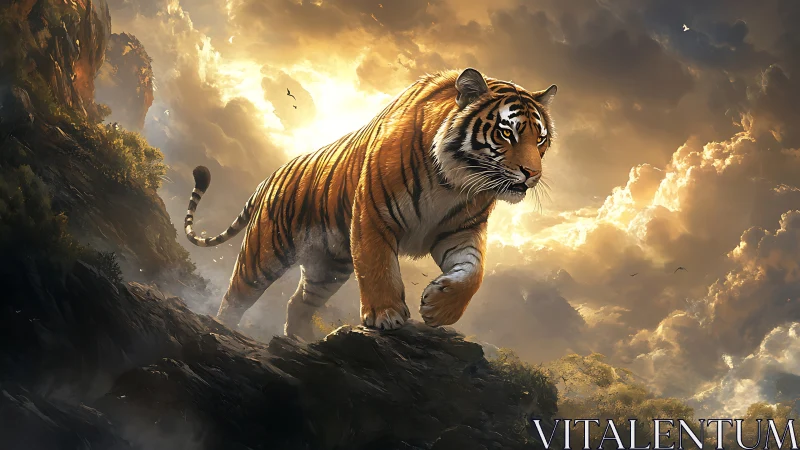 Tiger strides across sunlit ridge through stormlit clouds