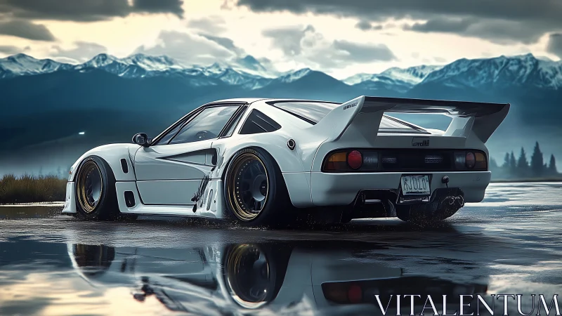Widebody turbo GT sports car on wet alpine reflective runway.