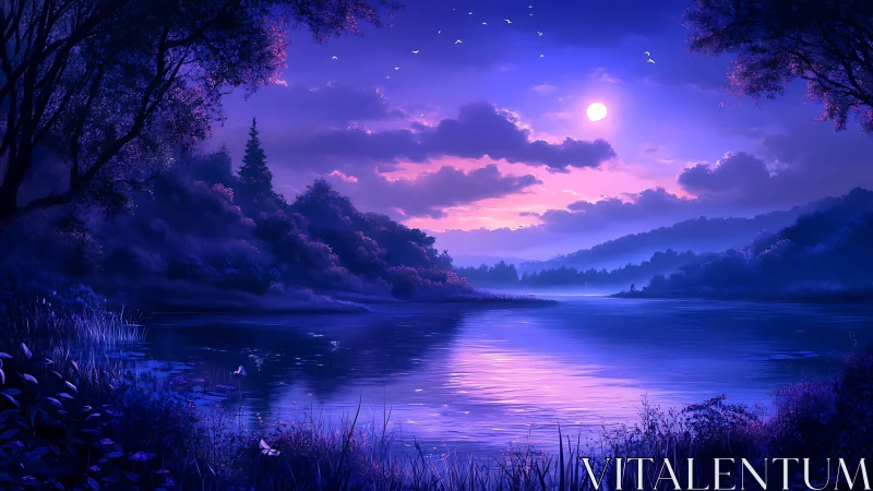 Moonlit lake glows softly beneath dreamy violet skies