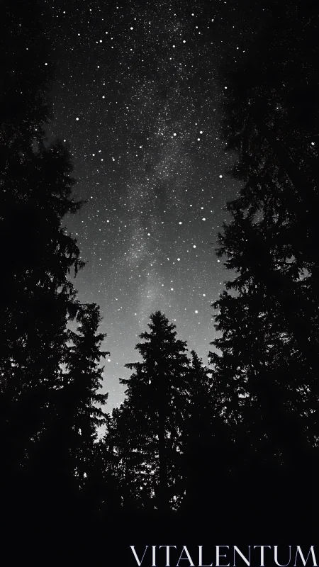 Night sky shows dense stars above dark conifer forest silhouettes