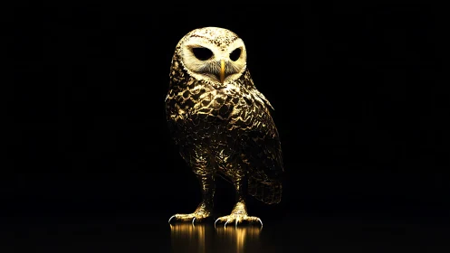 Striking golden owl sculpture on black background, digital art style.