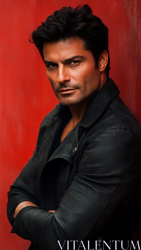Man in black leather jacket leans against vivid red wall