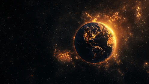 Burning Earth glows against dense starfield in deep space