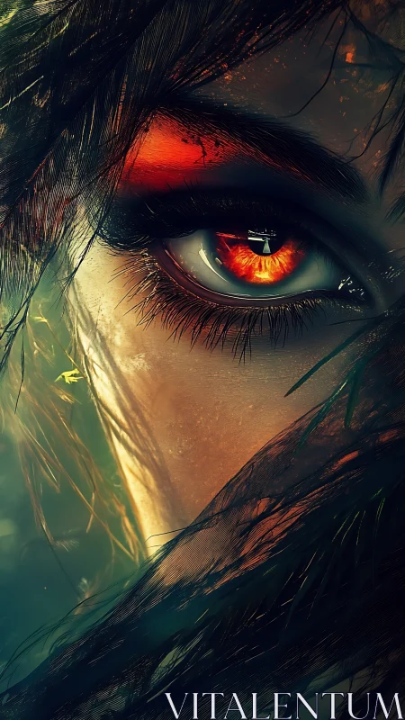 Close-up digital artwork of fiery human eye and face fragment.