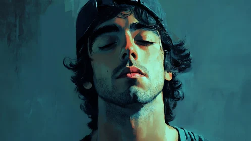 Sun-drenched daydreamer in teal-blue urban hush.