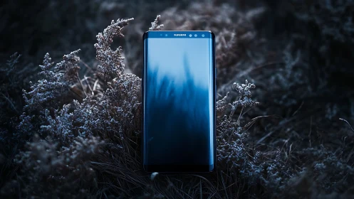 Midnight smartphone altar in frostlit digital undergrowth.