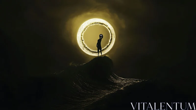 Silhouetted figure beneath circular luminous celestial body.