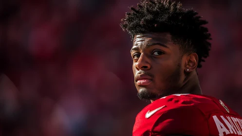 Focused football player glancing back with quiet resolve.