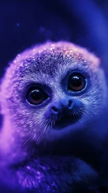 Close frontal portrait of small primate under neon lighting