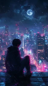 Solitary figure observes illuminated cityscape in nocturnal rain